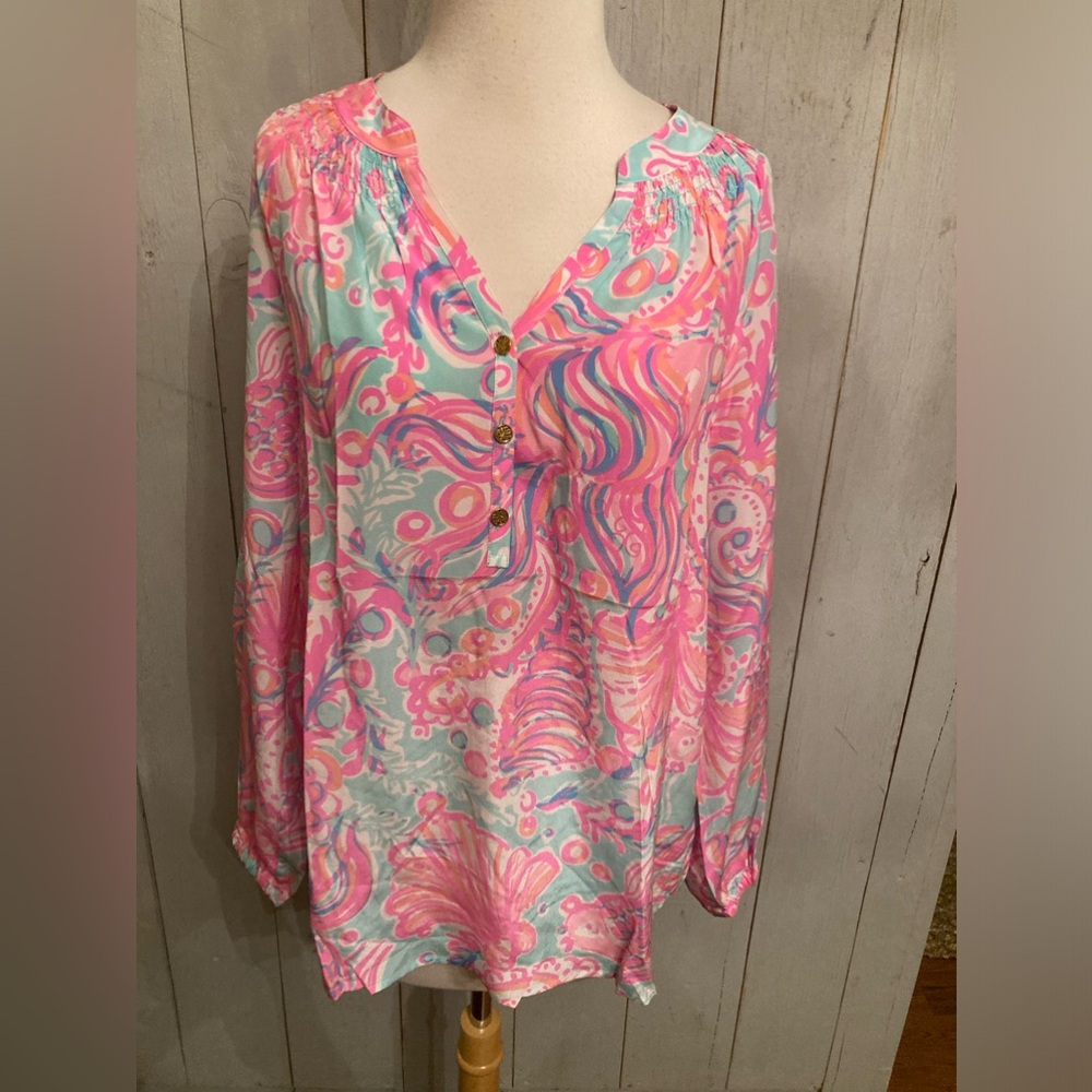 Lilly Pulitzer Elsa‎ Silk Blouse Top in Too Much Bubbly Print Sz-S Pink & Blue